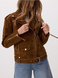 Zamszowa ramoneska oversize z paskiem - brązowy