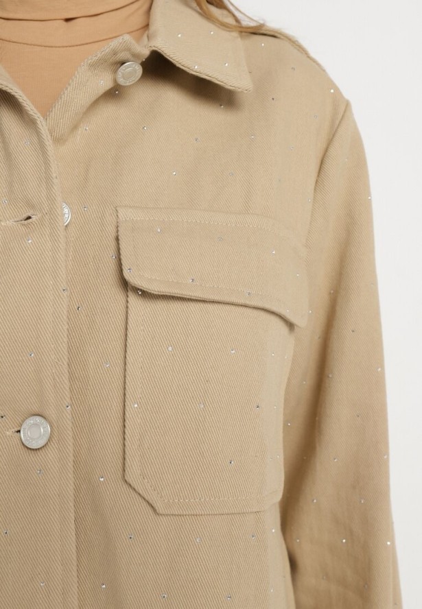 Beżowa Bawełniana Koszula Ozdobiona Cyrkoniami na Guziki Nerelise