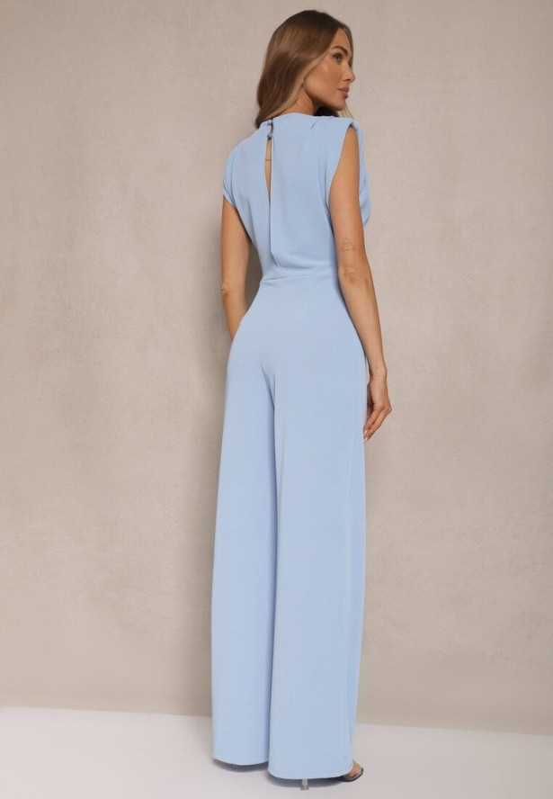 Niebieski Kombinezon Bez Rękawów z Szeroką Nogawką i Marszczeniem Sepellia