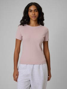 4F T-shirt slim prążkowany damski - różowy S