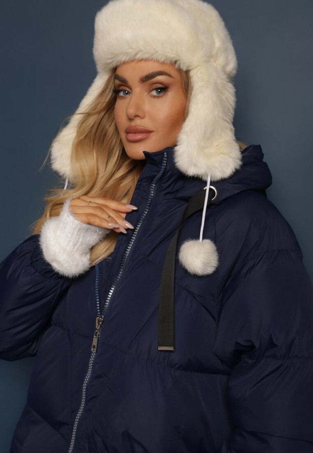 Granatowa Długa Kurtka Pikowana Płaszcz z Kapturem Serea