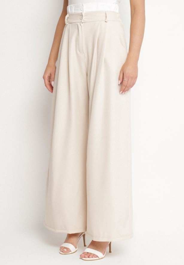 Beżowy Komplet Garniturowy Marynarka i Spodnie z Kontrastowymi Wstawkami Daviraya