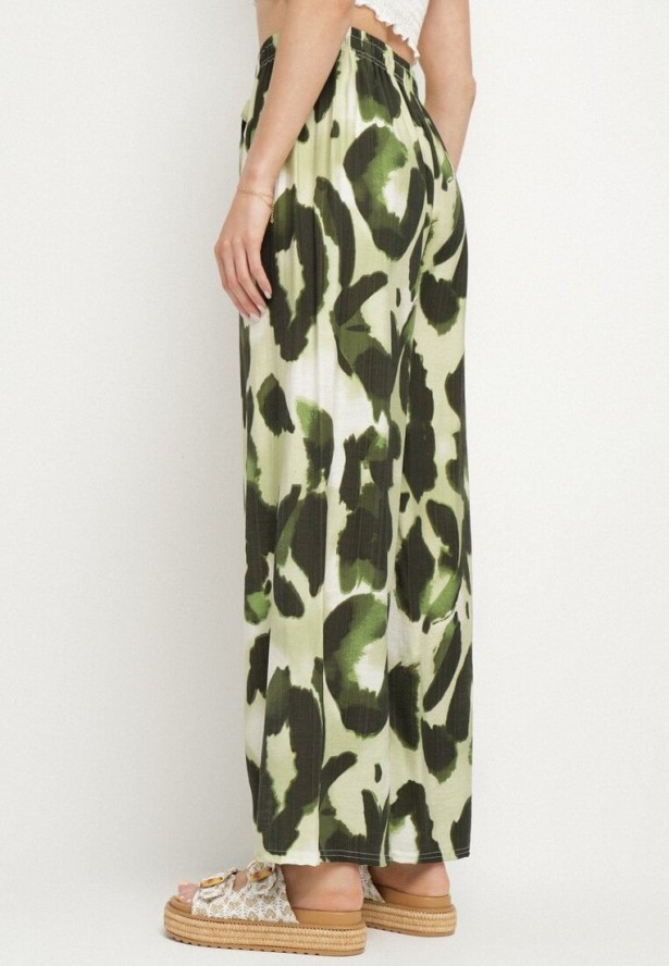 Jasnozielone Spodnie z Wiskozy o Szerokim Kroju z Wysokim Stanem w Panterkę Zelmara