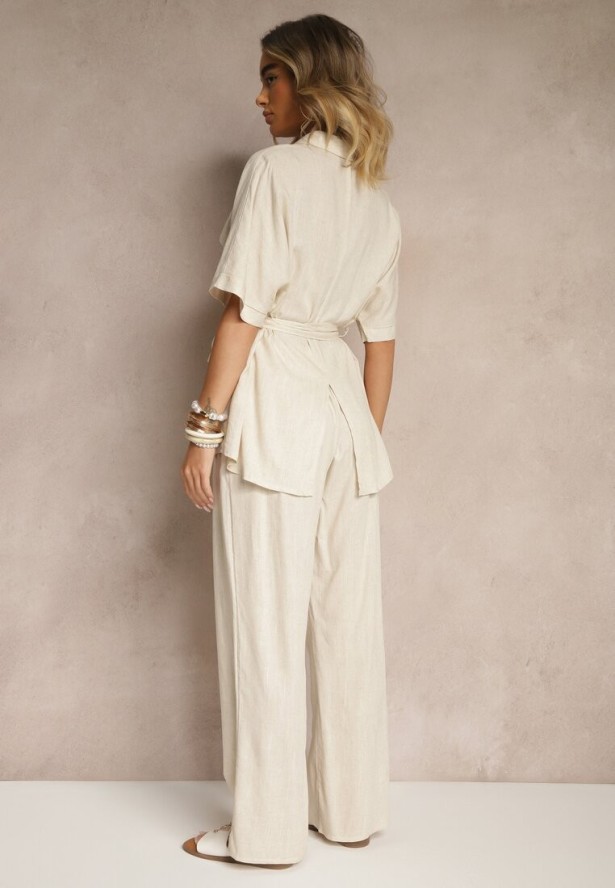 Ciemnobeżowy Komplet z Lnem i Wiskozą Szerokie Spodnie i Koszula z Paskiem Galanitia