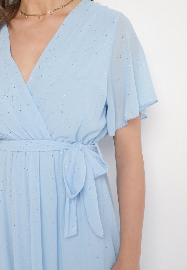 Niebieska Brokatowa Sukienka Koktajlowa Ozdobiona Paskiem Ziliane