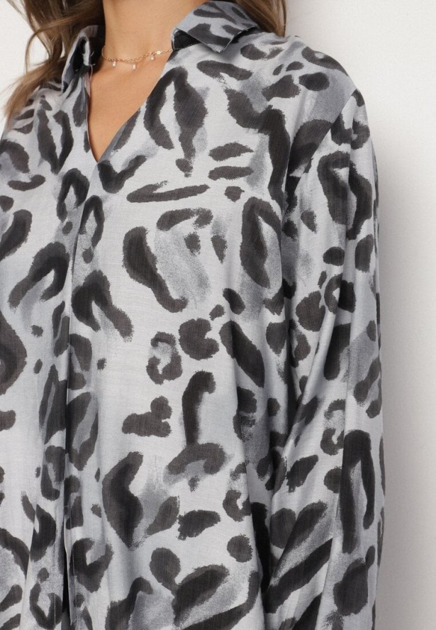 Szary Panterkowy Komplet z Wiskozą Koszula z Dłuższym Tyłem i Szerokie Spodnie Evaln