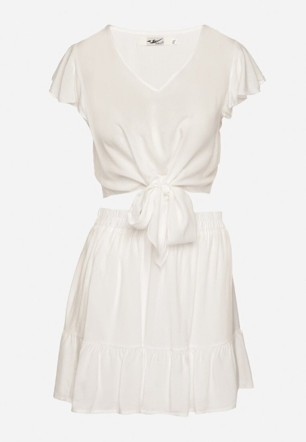 Biały Komplet z Wiskozy Spódnica z Falbanką i Bluzka z Wiązaniem Redeave