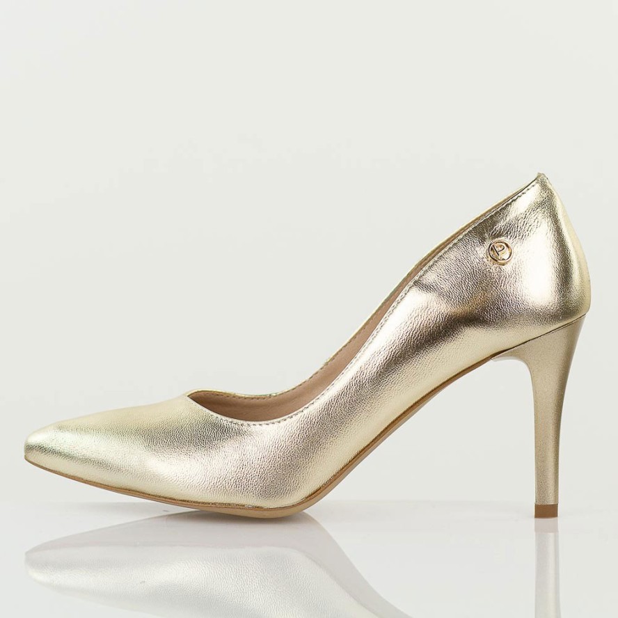 Złote Polskie szpilki damskie Prestige 2106b Skóra Lico