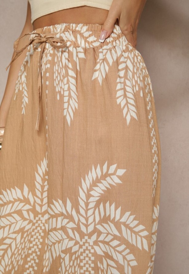 Ciemnobeżowe Spodnie z Wiskozy o Szerokim Kroju High Waist z Palmami Varritia