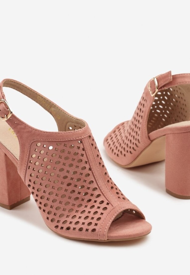 Różowe Ażurowe Sandały na Obcasie ze Skórzaną Wkładką Linwena