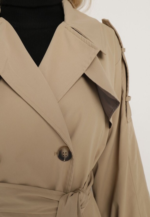 Ciemnobeżowy Dwurzędowy Płaszcz Trencz z Wiązanym Paskiem Rozcięciem i Klapą Terezi