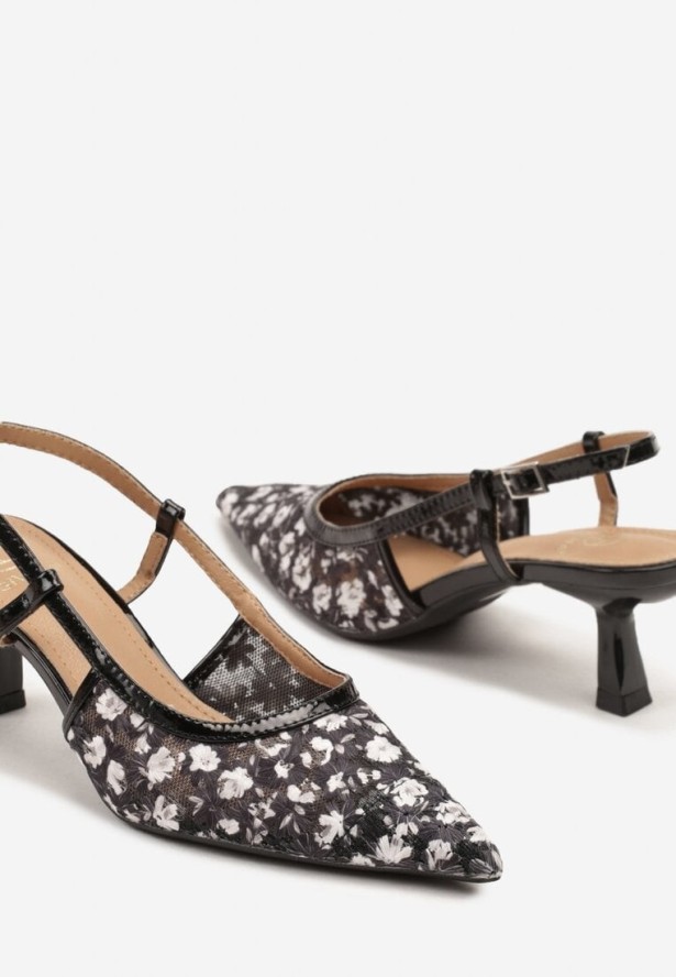 Czarne Sandały Slingback z Siateczki w Kwiatki na Obcasie Typu Kaczuszka Lisanis
