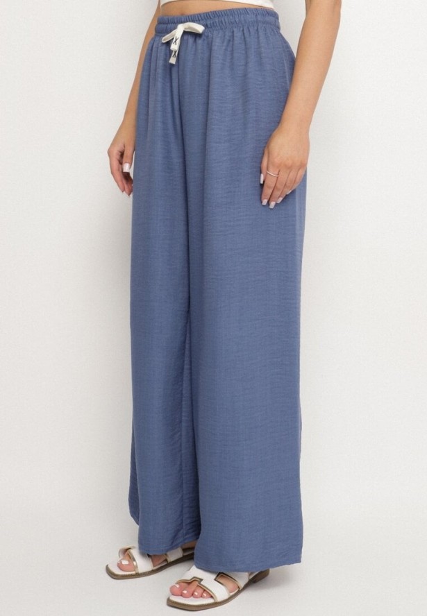 Granatowe Szerokie Spodnie z Bawełny Ozdobione Wiązaniem Evipolli