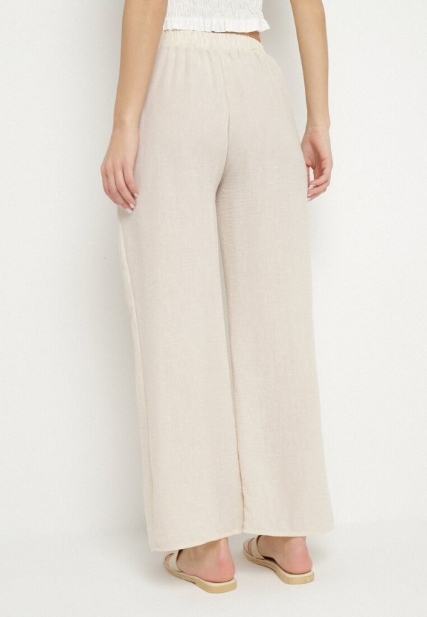 Jasnobeżowe Szerokie Spodnie z Wysokim Stanem i Wiązaniem Edirwenna