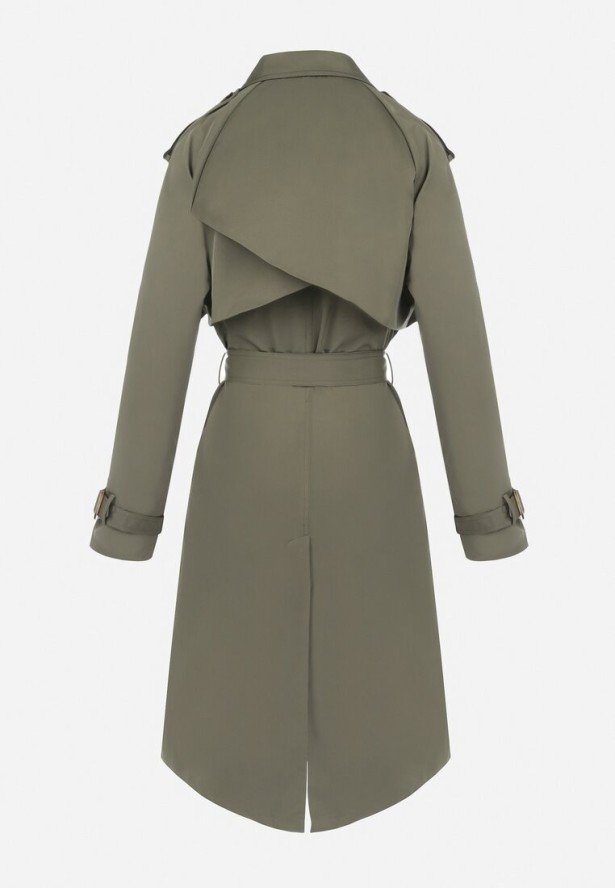 Ciemnozielony Płaszcz Trencz Dwurzędowy z Paskiem Lene