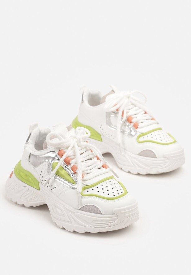 Biało-Zielone Sneakersy na Grubej Podeszwie z Tłoczeniami Lilasea