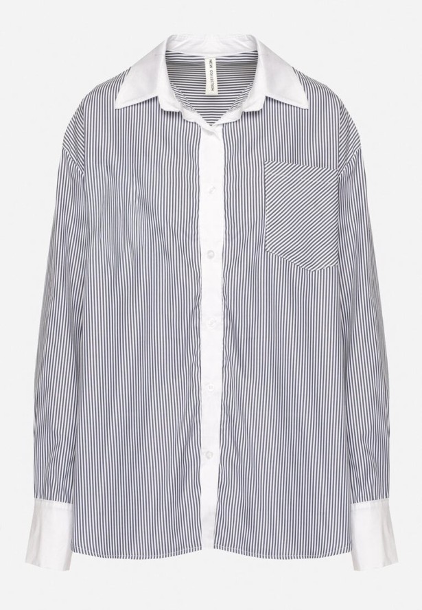 Biało-Czarna Koszula Oversize z Wiskozy z Kieszenią i Aplikacjami przy Mankietach Lisavielis