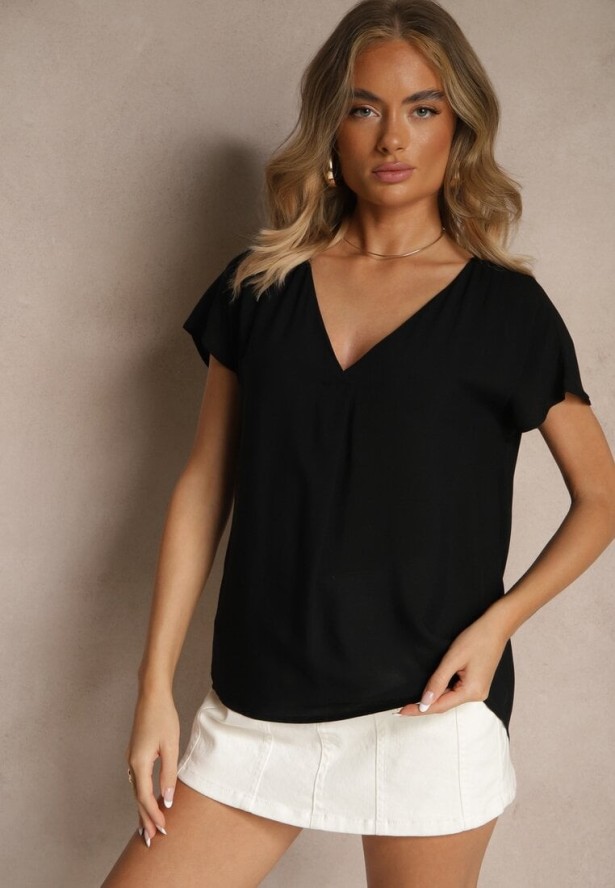 Czarna Nietoperzowa Bluzka z Wiskozy Zdobiona Zakładką Paslitia