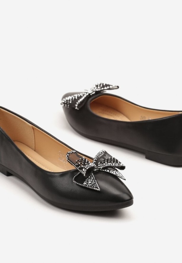 Czarne Balerinki z Kokardą i Cyrkoniami Marintis