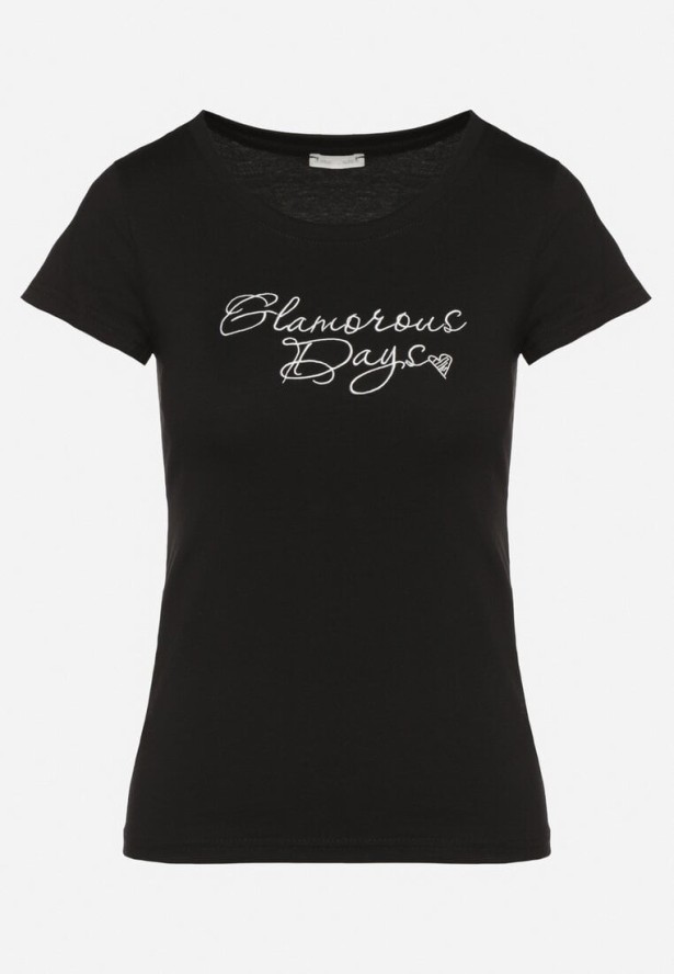 Czarny T-shirt z Bawełny z Ozdobnym Napisem Asemi