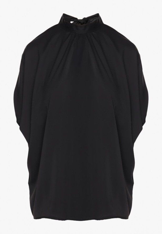 Czarna Bluzka Ozdobiona Stójką i Wiązaniem Rinelea