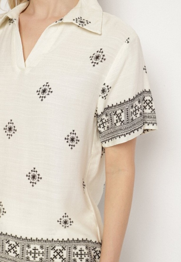 Jasnobeżowy Komplet z Wiskozy Bluzka z Krótkim Rękawem i Szerokie Spodnie Janavielle