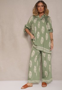 Zielony Komplet Oversize w Stylu Rustykalnym Długa Koszula i Szerokie Spodnie Mepilara