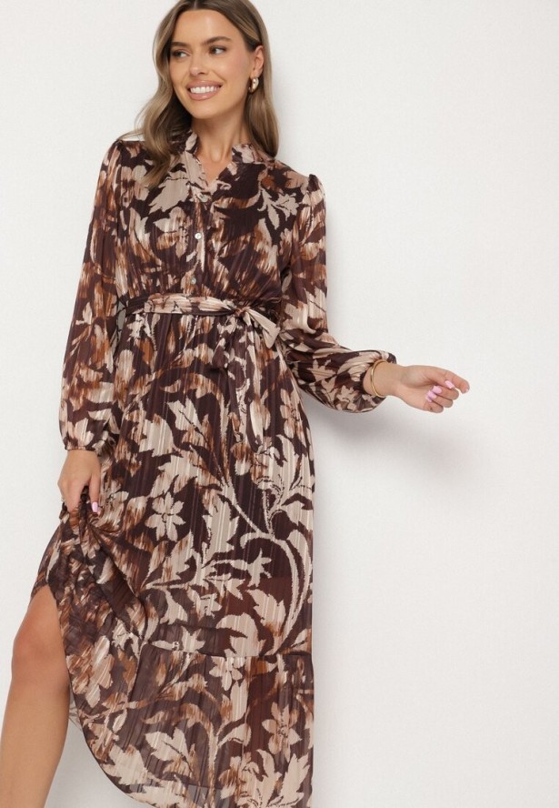 Beżowa Rozkloszowana Sukienka z Wiązanym Paskiem i Metaliczną Nicią Nalirina