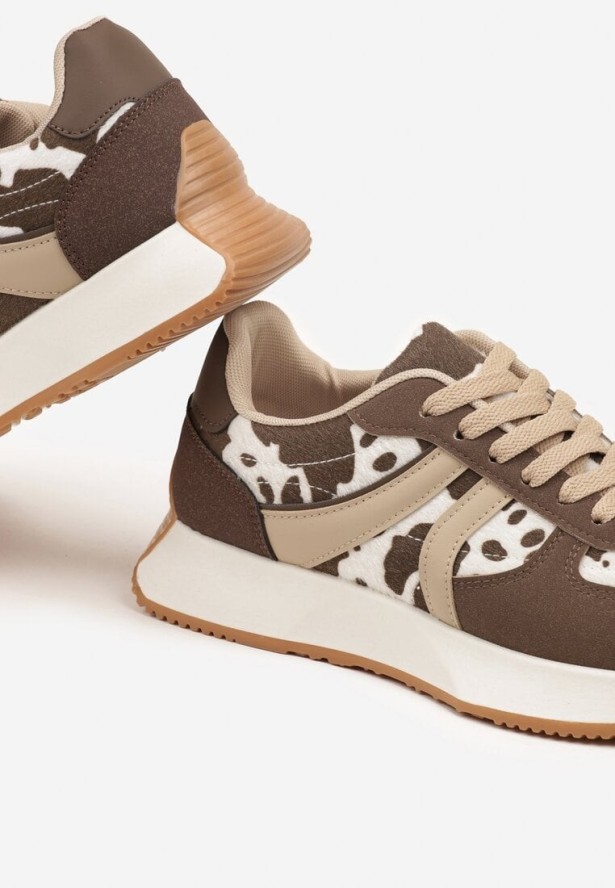 Brązowo-Białe Sneakersy z Geometrycznym Wzorem i Printem w Łaty Velwettia