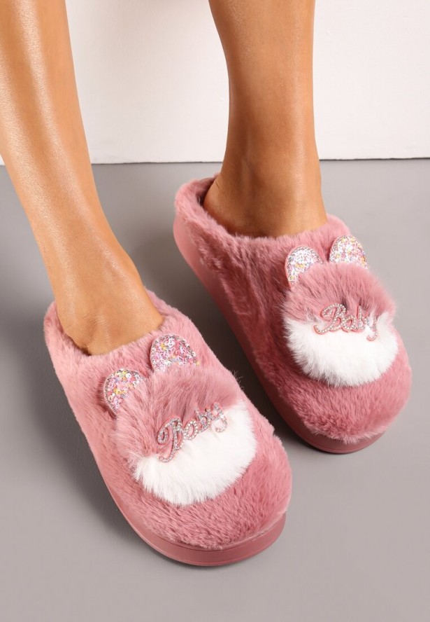 Różowe Płaskie Kapcie z Aplikacją 3D w Kształcie Króliczka Munere