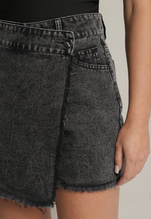 Czarne Jeansowe Spódnico-Spodenki Jeansowe z Bawełny z Wysokim Stanem Neliatha