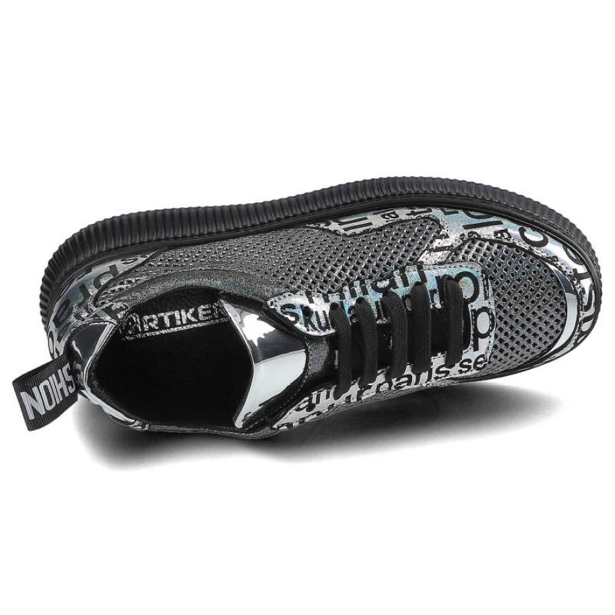 Sneakersy damskie Artiker, z mieszanej cholewki z perforacją sznurowaniem na oczka nadrukowanymi panelami i elastyczną podeszwą, srebrno-czarne, 46C2