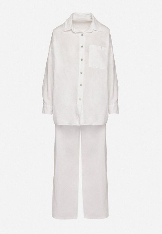 Biały Komplet z Lnu i Bawełny Koszula i Szerokie Spodnie Fenelli