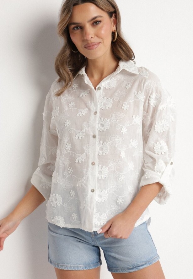 Biała Koszula Oversize z Bawełny Zdobiona Kwiatowym Haftem Reinoviel