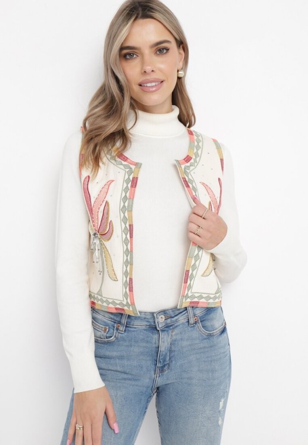 Beżowa Bawełniana Kamizelka Ozdobiona Kolorowym Haftem i Cyrkoniami Davimme