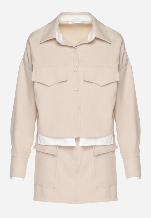 Beżowy Komplet Koszula i Spódnica z Imitacją Kieszeni Zensedi