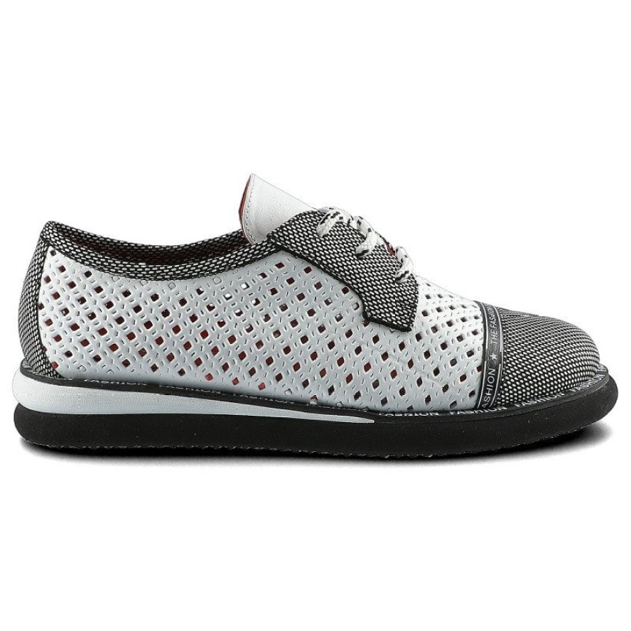 Półbuty damskie Lanqier, wykonane z materiału o otwartej ażurowej strukturze z kontrastowymi wzmocnieniami z klasycznym sznurowaniem, białe, 46C2339