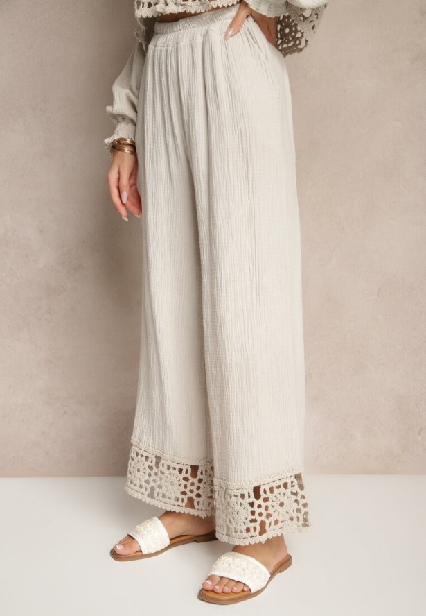 Beżowy Komplet z Bawełny z Ażurowymi Wstawkami Bluzka i Spodnie Paladorea