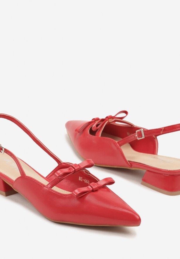 Czerwone Sandały Slingback na Niskim Obcasie Zdobione Kokardkami Remelle