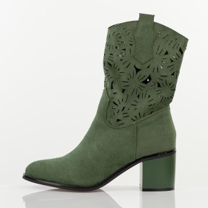 Zielone zamszowe ażurowe botki damskie na obcasie M.Daszyński 2337-12
