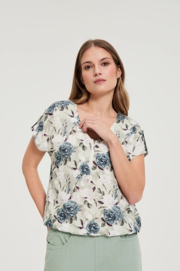 Koszula z wiskozy w kwiaty oliwkowa