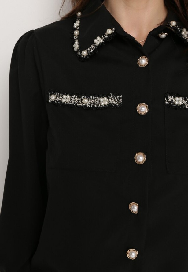Czarna Koszula o Klasycznym Fasonie z Perełkami Novellia