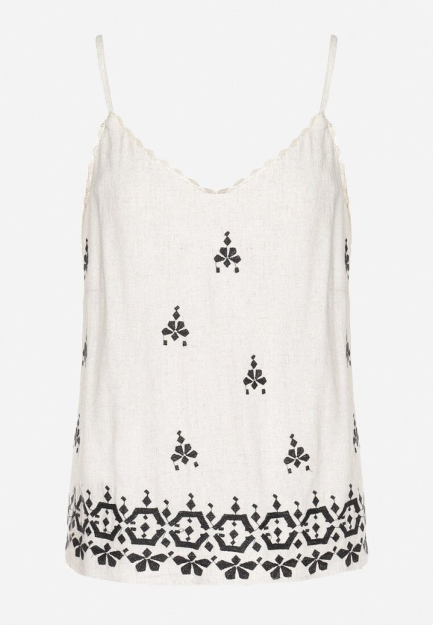 Czarny Top z Lnem i Wiskozą z Haftem w Stylu Boho Ronira