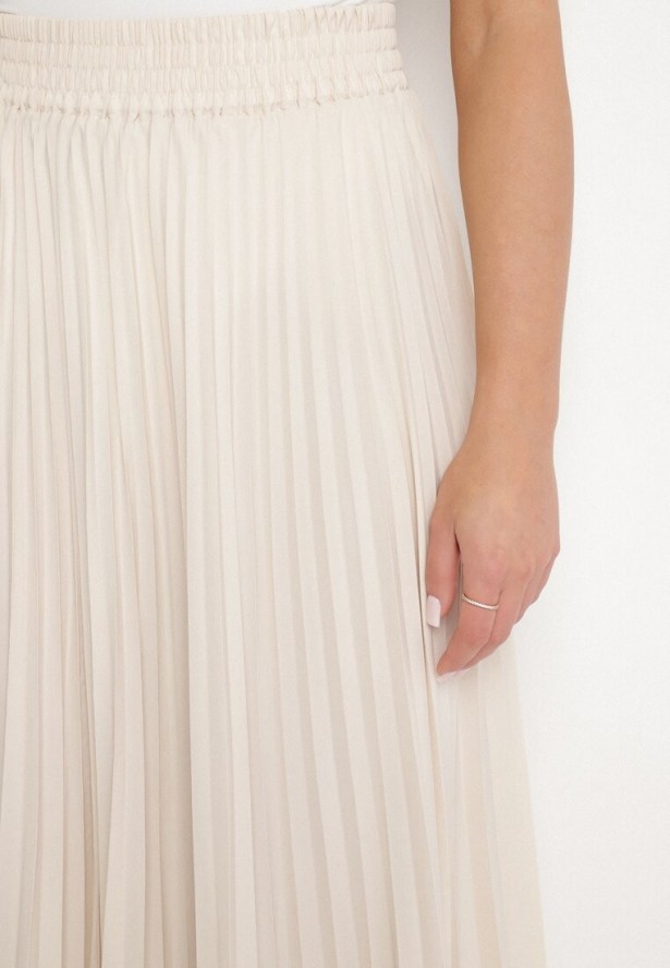 Jasnobeżowa Spódnica Plisowana o Rozkloszowanym Kroju z Gumką w Talii Sarlimi