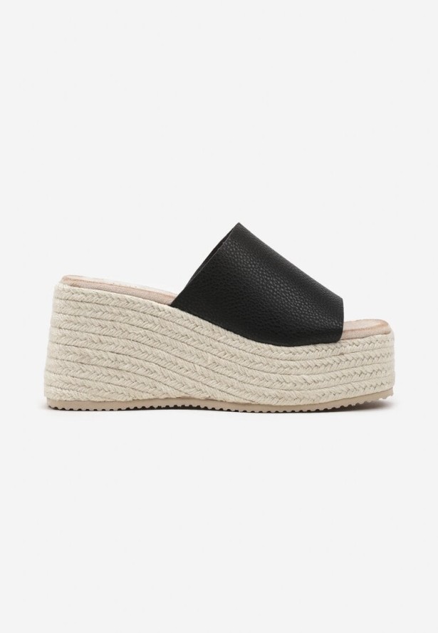 Czarne Klapki na Koturnie z Plecionki z Szerokim Paskiem Gonaria