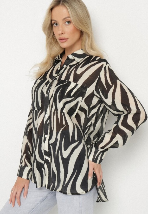 Czarna Klasyczna Koszula w Zebrę z Przezroczystej Tkaniny z Wiskozy Bovianne