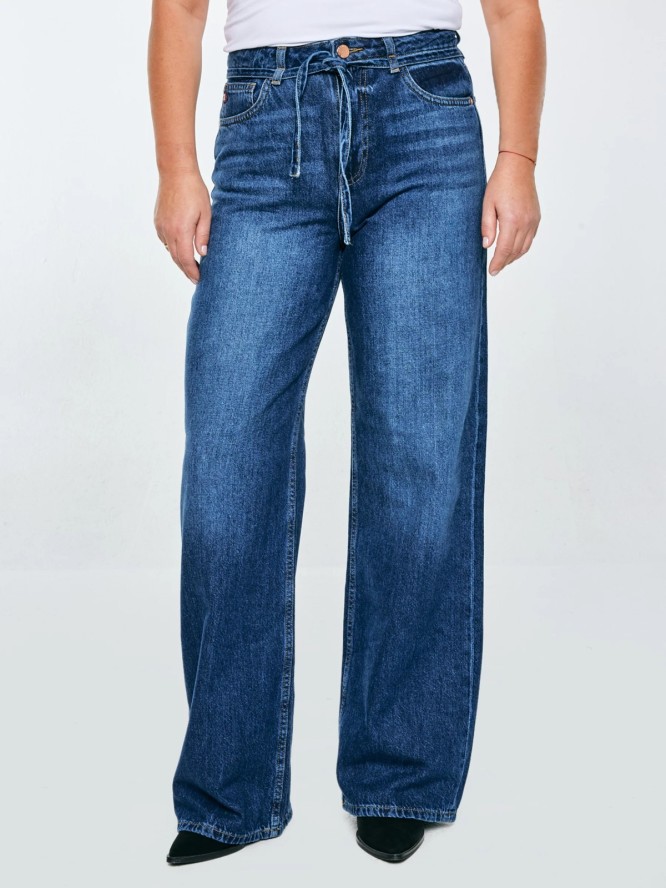 Jeansy damskie z szeroką nogawką granatowe Atrea 514