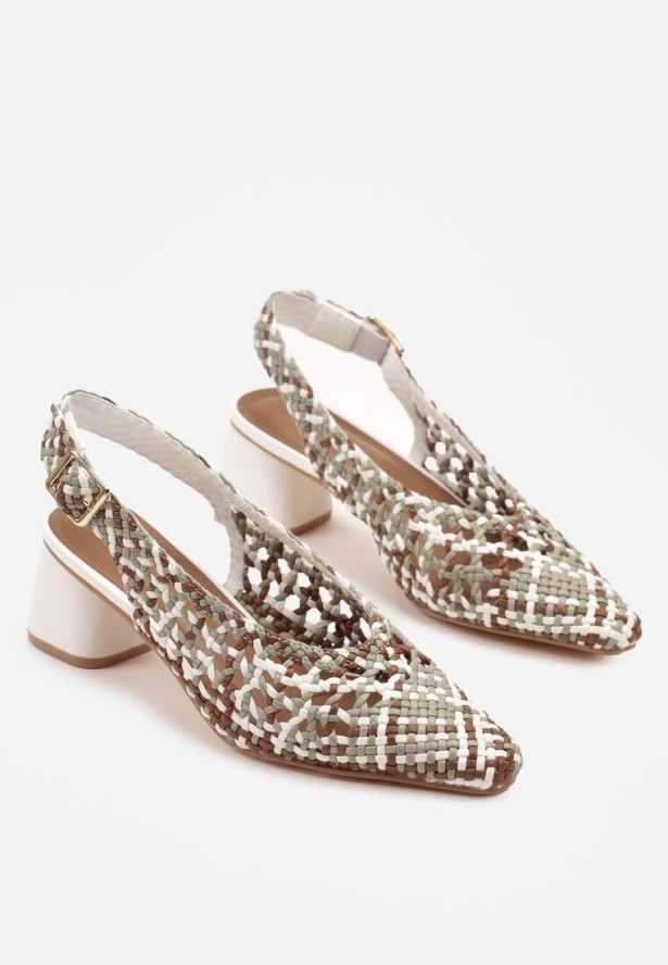 Brązowo-Białe Sandały na Obcasie Bez Pięty z Szydełkową Cholewką Linalea