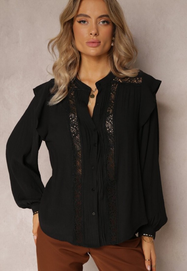 Czarna Koszula Zapinana na Guziki z Ozdobnymi Rękawami Eudomara