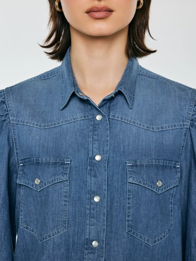 Koszula damska jeansowa z bufkami niebieska Indiana 164